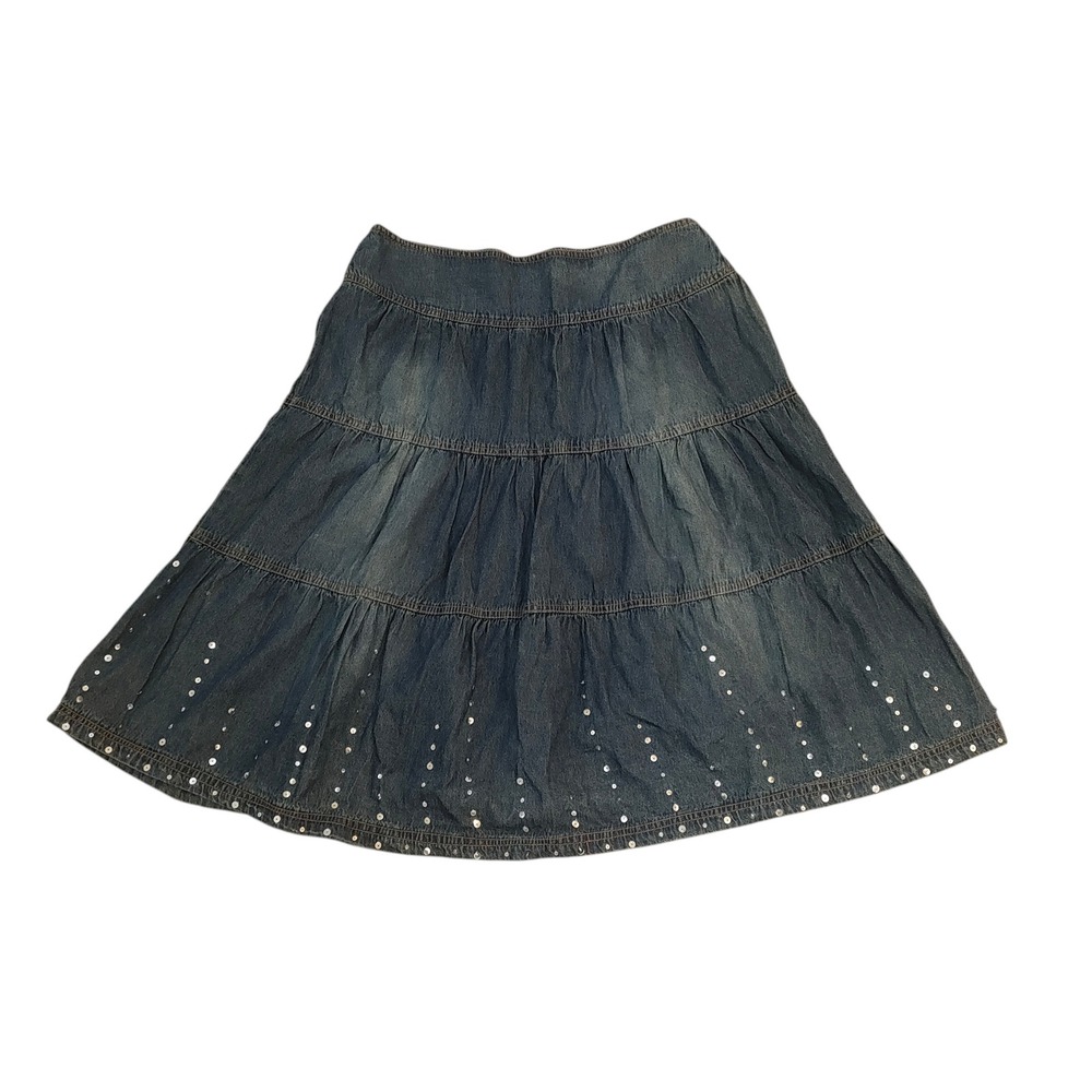 Y2K Vezucci Denim Tiered Midi Skirt Sequins Navy Blue Women Size 10